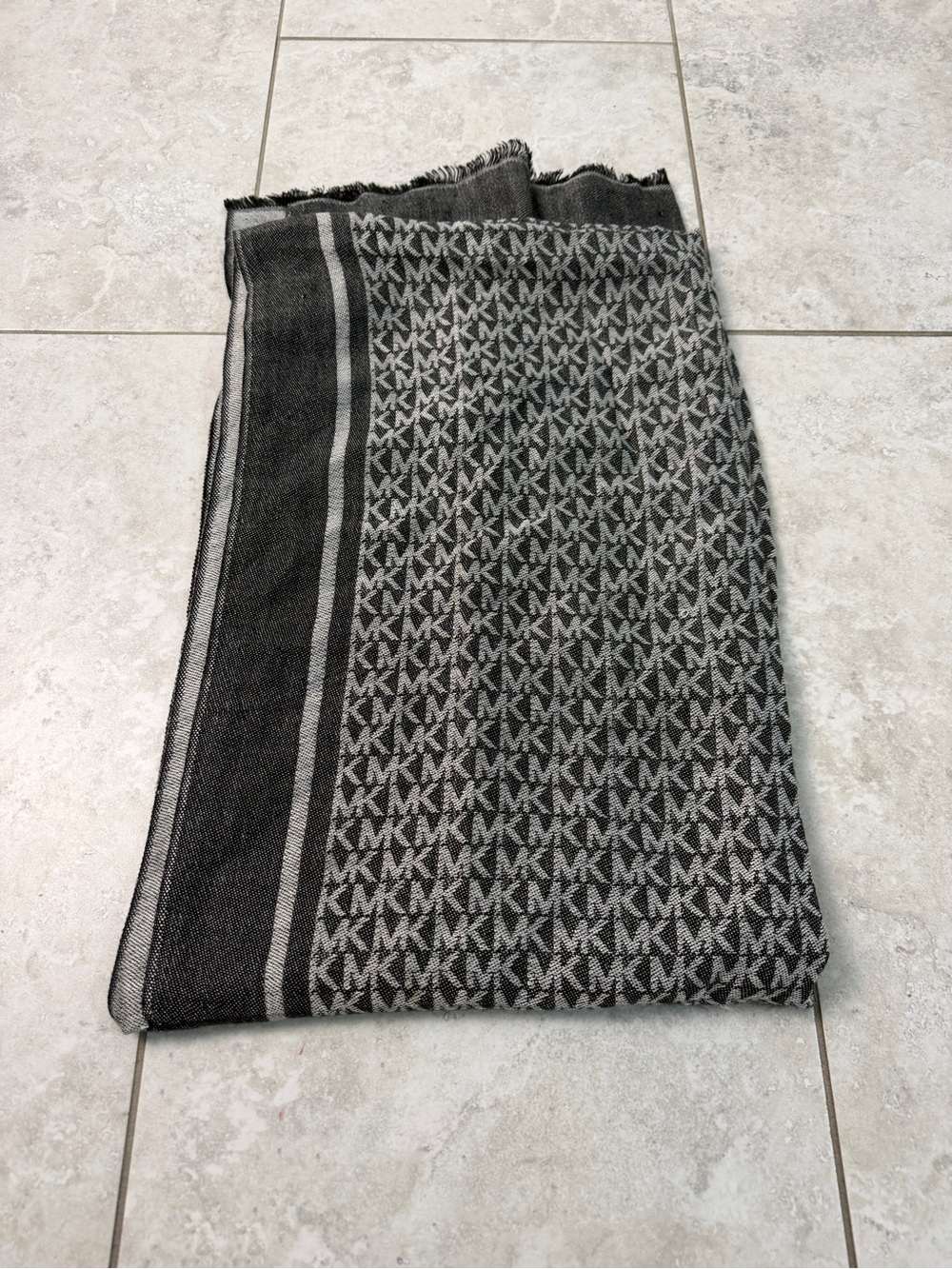 Michael Kors MK Logo Scarf Wrap Black Fringe Monogram Shawl Polyester